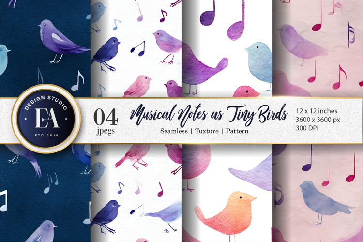 Watercolor Musical Notes Shaped Like Tiny Bird Digital Paper