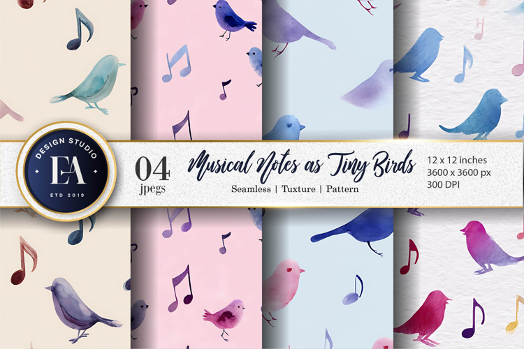 Hand-Painted Musical Notes as Tiny Birds Digital Paper