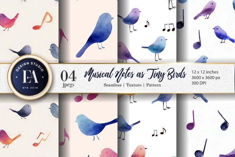 Hand-Painted Musical Notes as Tiny Birds Digital Paper example image 1