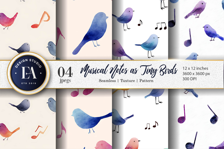 Hand-Painted Musical Notes as Tiny Birds Digital Paper