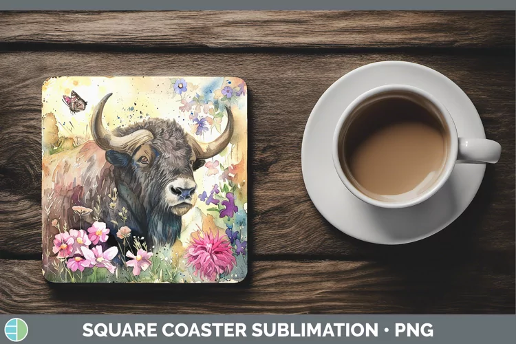 Watercolor Musk Ox Square Coaster Sublimation Coaster Design