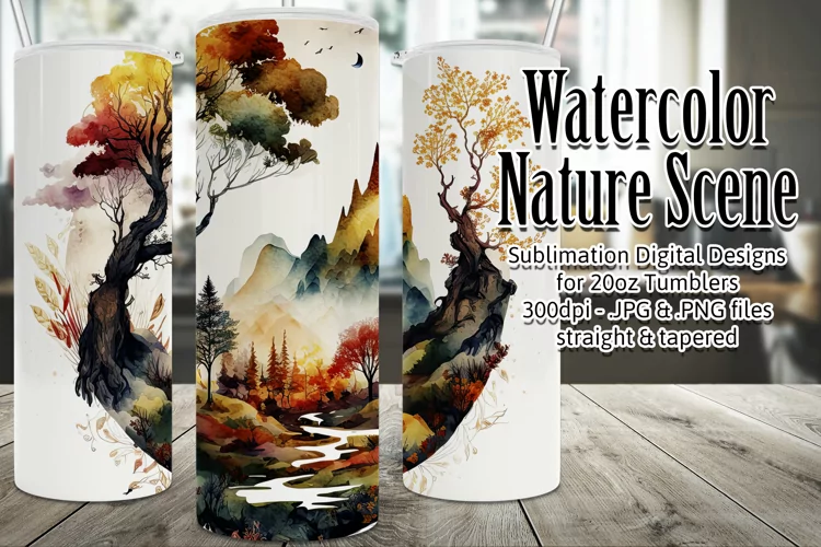 Beautiful Watercolor Autumn Nature Scene Tumbler Design