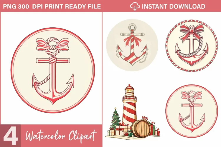 Watercolor Nautical Christmas Design Clipart