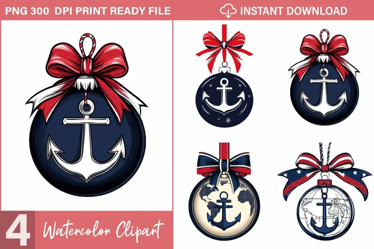 Watercolor Nautical Christmas Graphics Clipart