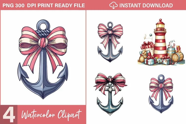 Watercolor Nautical Christmas Design Clipart