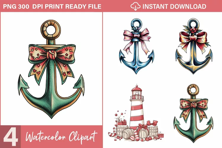 Watercolor Nautical Christmas Graphics Clipart