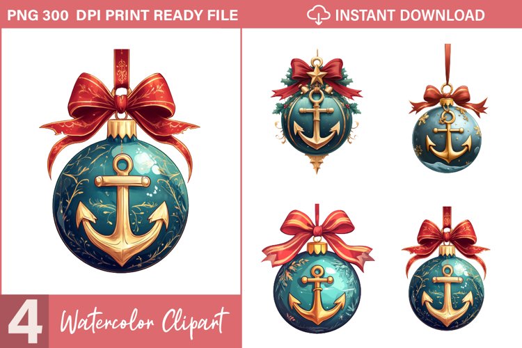 Watercolor Nautical Christmas Design Clipart