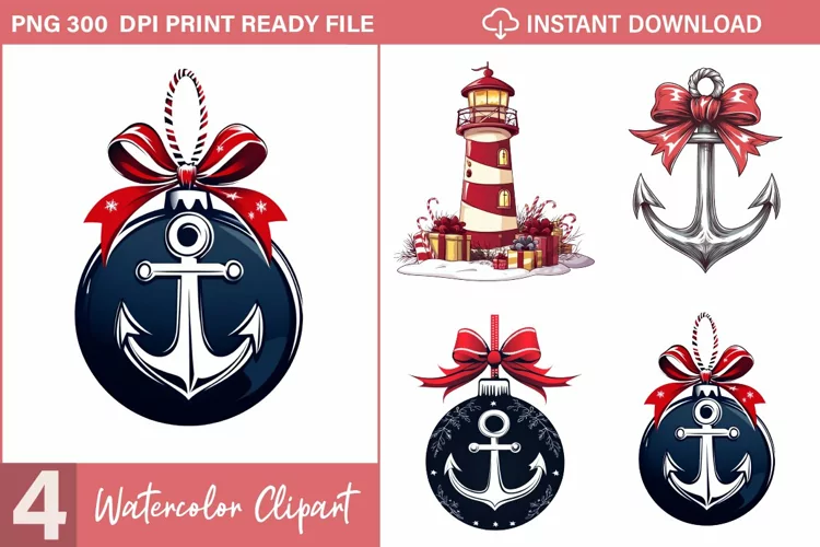 Watercolor Nautical Christmas Design Clipart