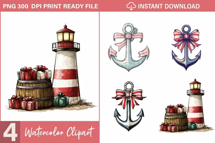 Watercolor Nautical Christmas Graphics Clipart