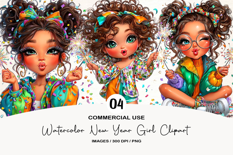 Watercolor New Year Girl Clipart