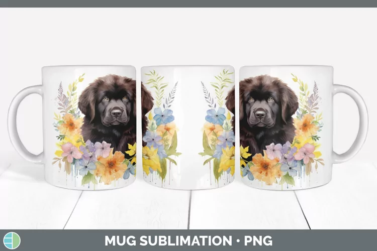 Watercolor Newfoundland Dog Mug Wrap | Sublimation Coffee Cu