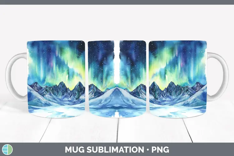 Watercolor Northern Lights Mug Wrap Sublimation Coffee Cup D
