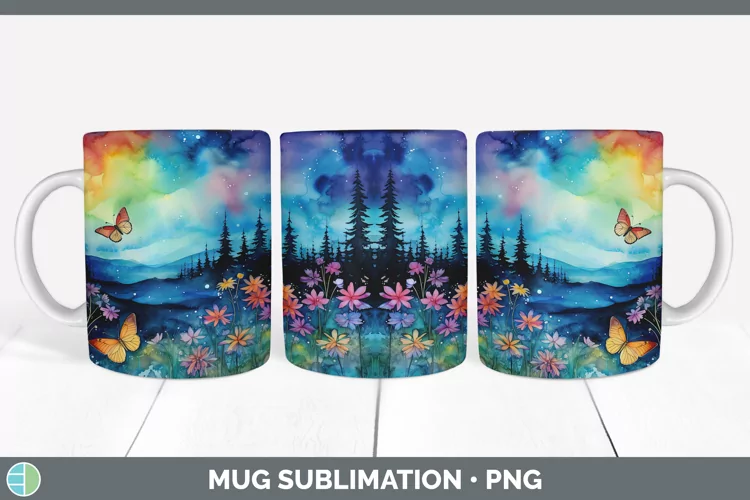 Watercolor Northern Lights Mug Wrap Sublimation Coffee Cup D