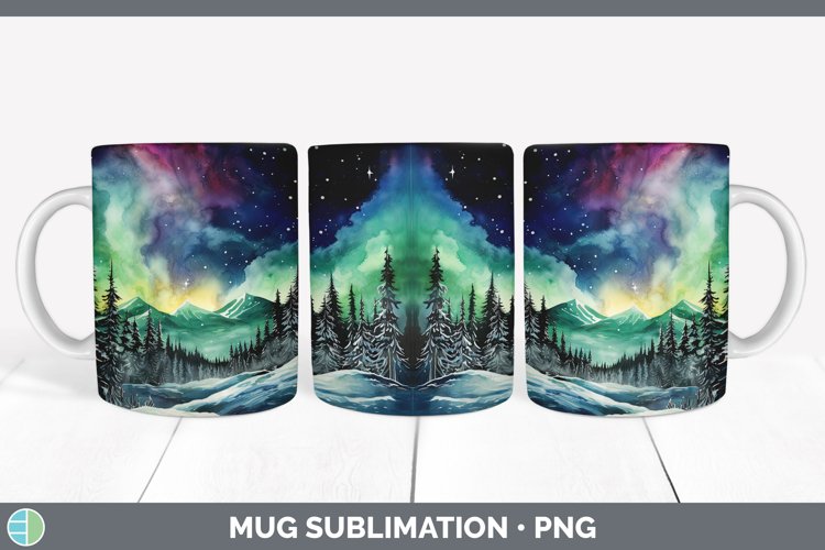 Watercolor Northern Lights Mug Wrap Sublimation Coffee Cup D