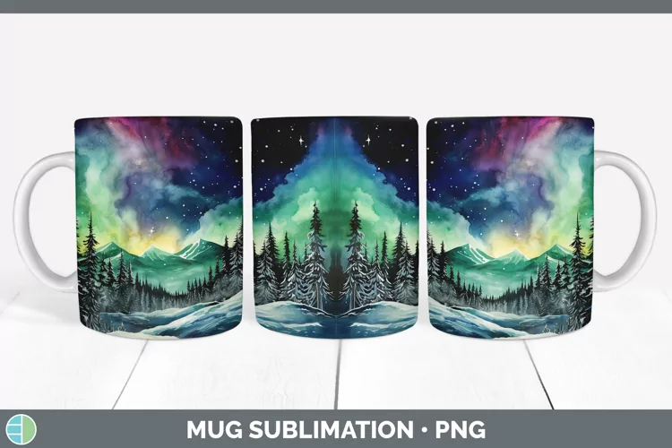 Watercolor Northern Lights Mug Wrap Sublimation Coffee Cup D