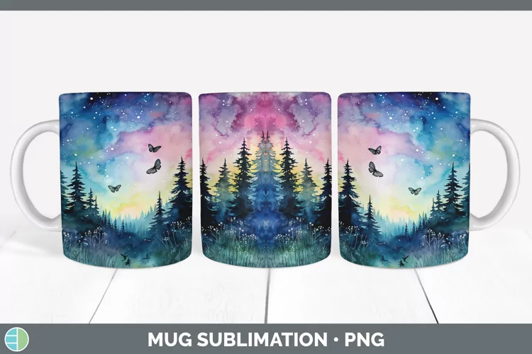 Watercolor Northern Lights Mug Wrap Sublimation Coffee Cup D
