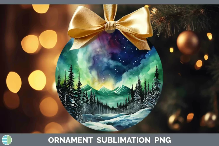 Watercolor Northern Lights Ornament Sublimation Bauble Desig