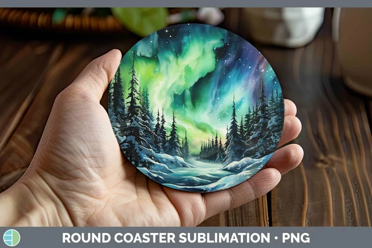 Watercolor Northern Lights Round Coaster Sublimation Coaster