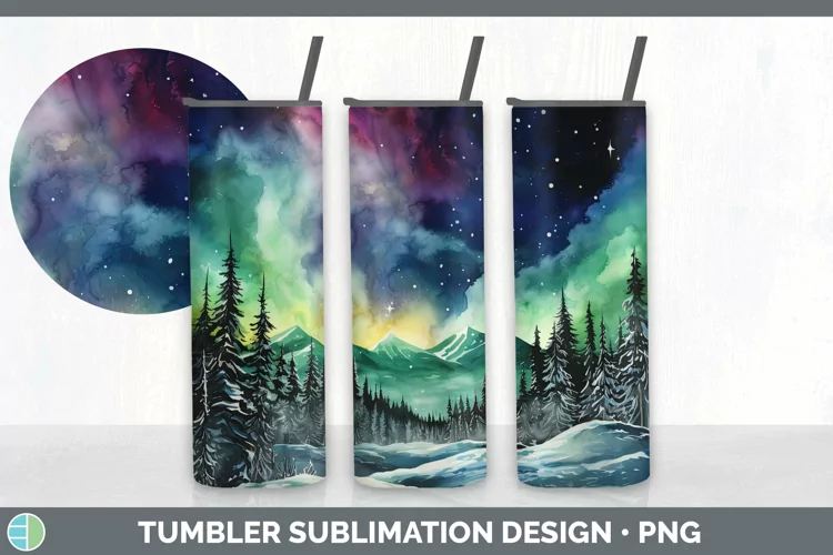 Watercolor Northern Lights Tumbler Sublimation 20 oz Skinny