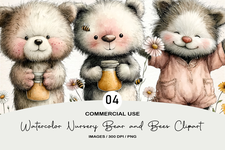 Watercolor Nursery Bear and Bees Clipart