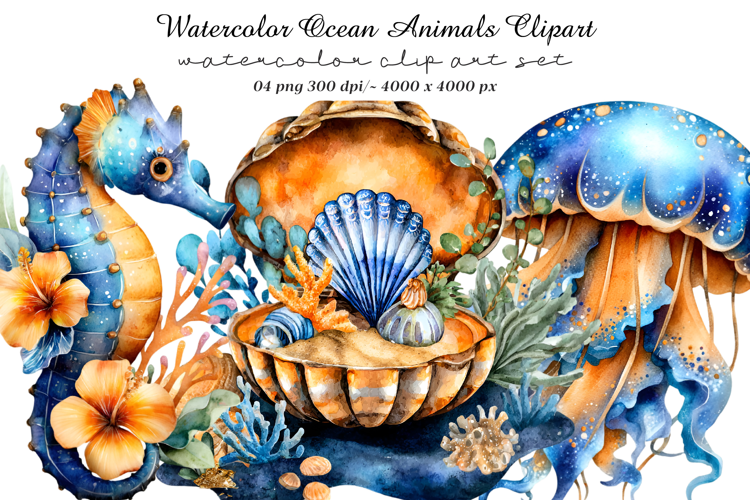 Watercolor Ocean Animals Clipart