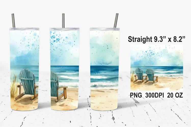 Watercolor Ocean Beach Chairs Tumbler Wrap, Summer PNG