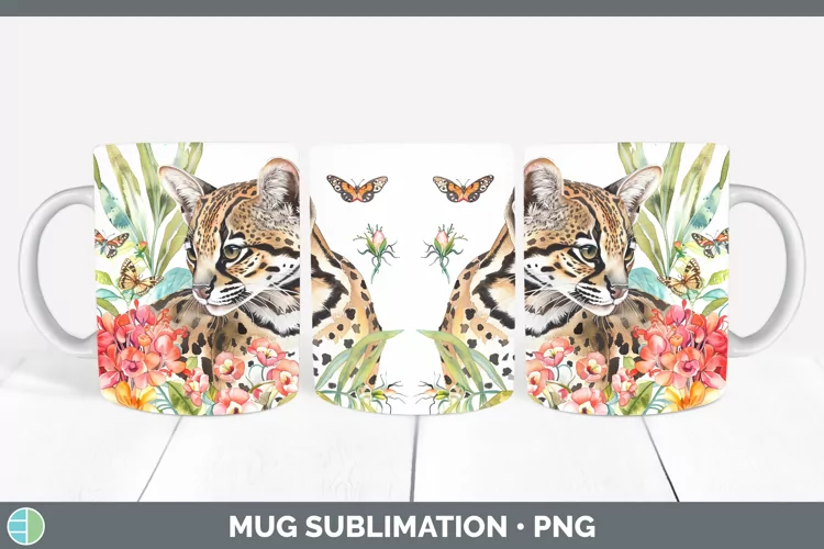 Watercolor Ocelot Mug Wrap Sublimation Coffee Cup Designs