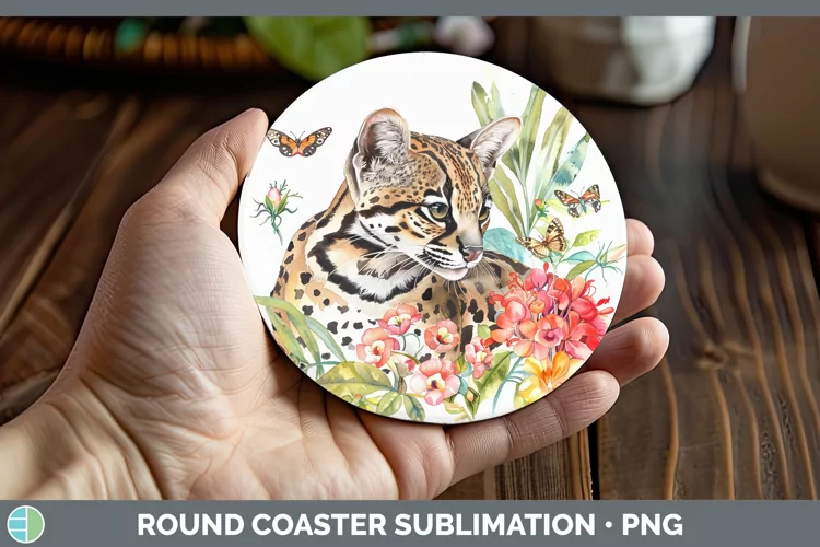Watercolor Ocelot Round Coaster Sublimation Coaster Designs