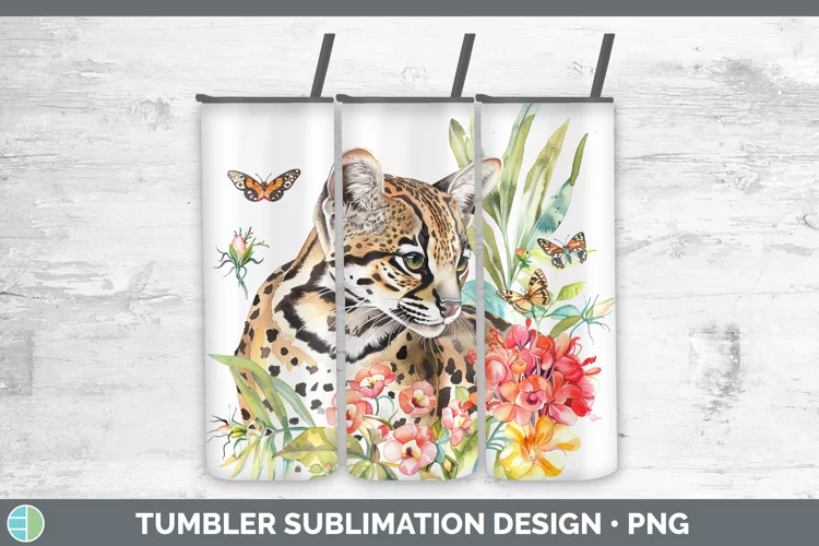 Watercolor Ocelot Tumbler Sublimation 20 oz Skinny Tumbler D