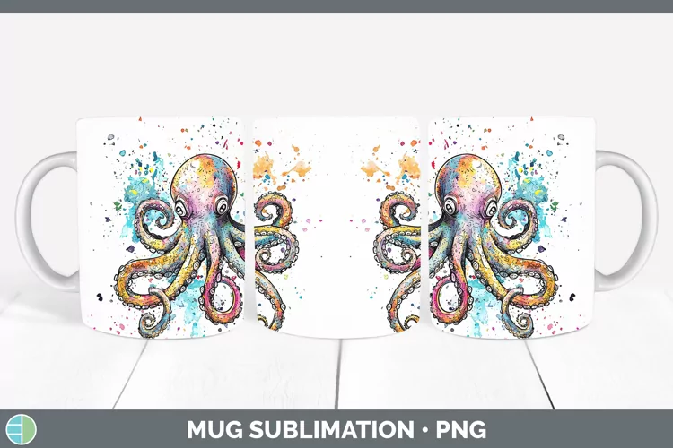Watercolor Octopus Mug Wrap Sublimation Coffee Cup Designs