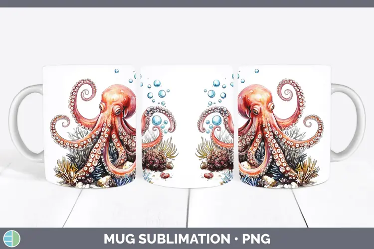 Watercolor Octopus Mug Wrap Sublimation Coffee Cup Designs
