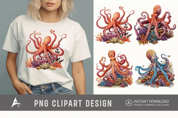 Watercolor Octopus on Ocean Coral Clipart