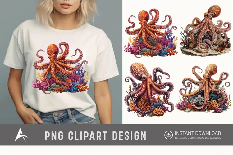 Watercolor Octopus on Ocean Coral Clipart