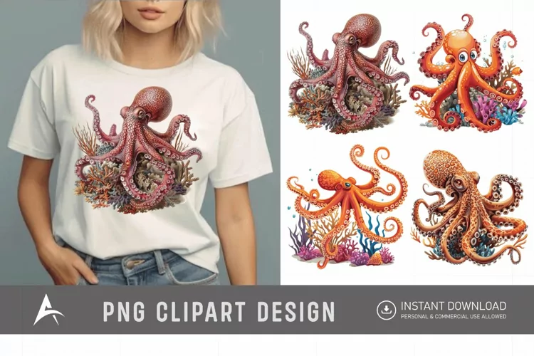 Watercolor Octopus on Ocean Coral Clipart