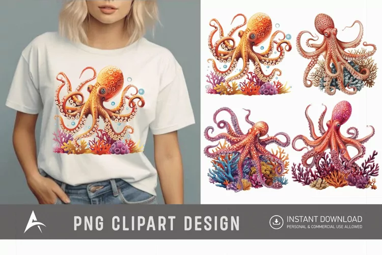 Watercolor Octopus on Ocean Coral Clipart