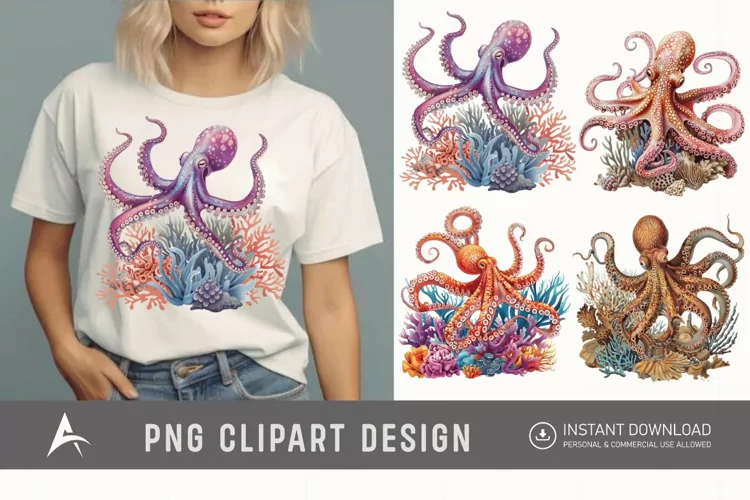 Watercolor Octopus on Ocean Coral Clipart