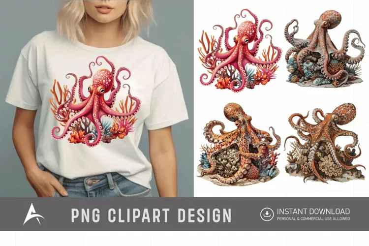 Watercolor Octopus on Ocean Coral Clipart