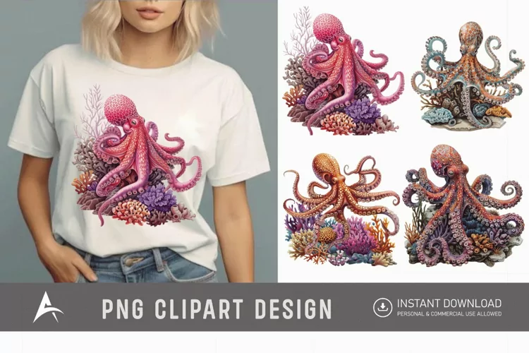 Watercolor Octopus on Ocean Coral Clipart