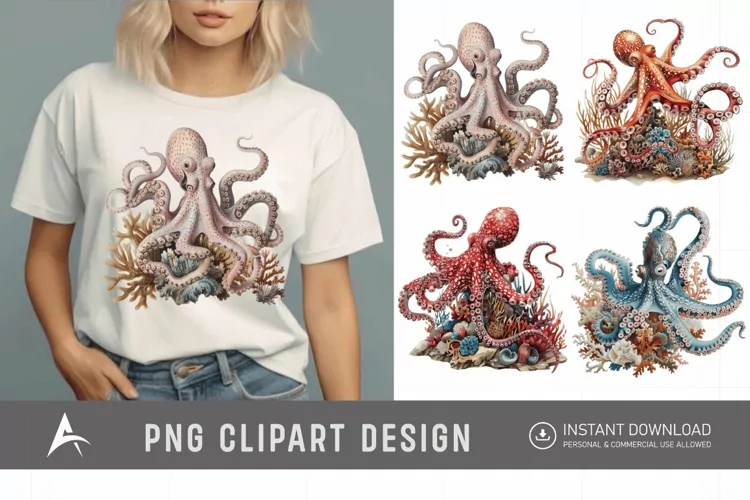 Watercolor Octopus on Ocean Coral Clipart