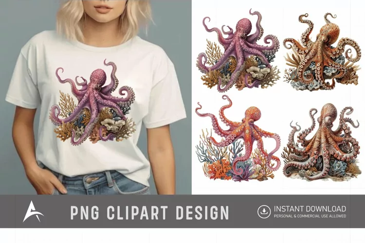 Watercolor Octopus on Ocean Coral Clipart
