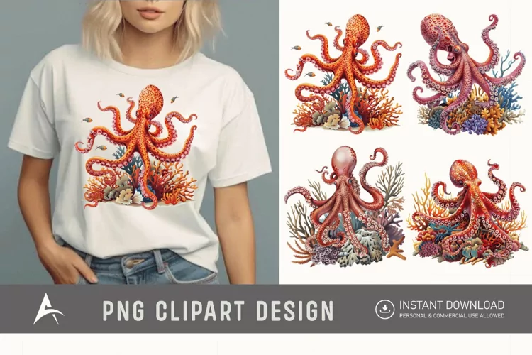 Watercolor Octopus on Ocean Coral Clipart