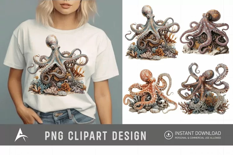 Watercolor Octopus on Ocean Coral Clipart