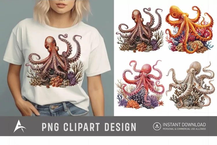 Watercolor Octopus on Ocean Coral Clipart