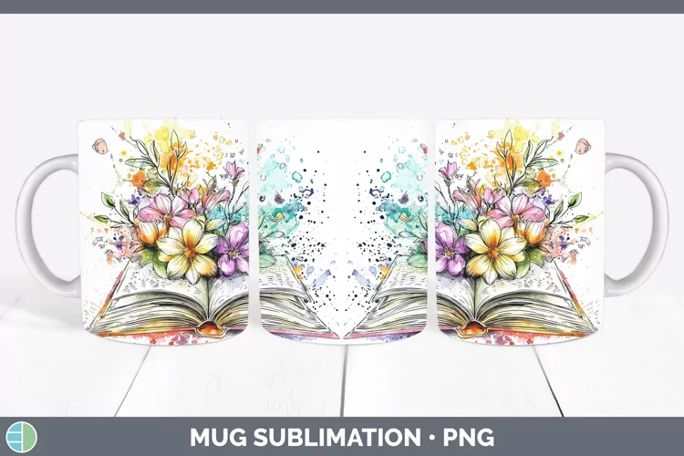 Watercolor Open Book Mug Wrap Sublimation Coffee Cup Designs