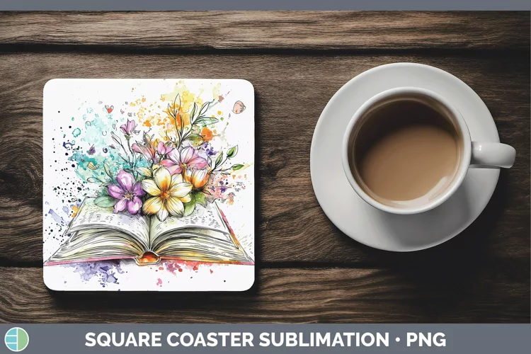 Watercolor Open Book Square Coaster Sublimation Coaster Desi