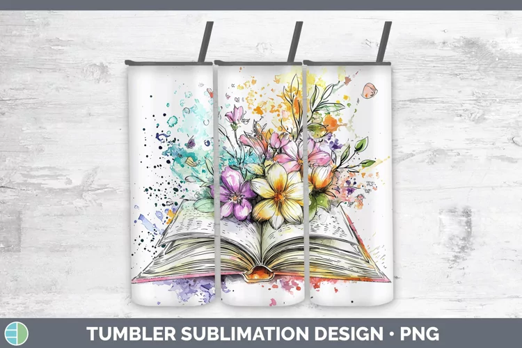 Watercolor Open Book Tumbler Sublimation 20 oz Skinny Tumble