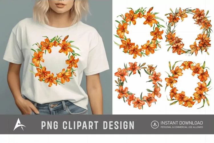 Watercolor Orange Daylily Wreaths Clipart