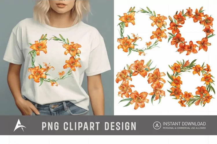 Watercolor Orange Daylily Wreaths Clipart