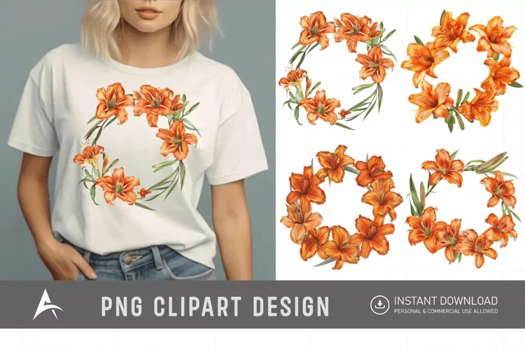 Watercolor Orange Daylily Wreaths Clipart