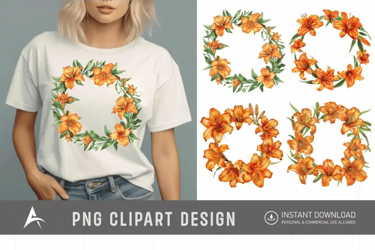 Watercolor Orange Daylily Wreaths Clipart